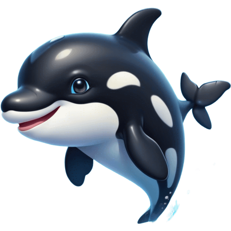 Cinematic Cute orca Portrait Emoji, Head tilted playfully and inquisitively, featuring a smoothly rounded body with bright, sparkling eyes and an adorable, friendly smile, Simplified yet irresistibly adorable features, highly detailed, glowing with a warm, ocean-blue glow, high shine, affectionate and lively, stylized with a touch of whimsical aquatic charm, soft glowing outline, capturing the essence of a mischievous yet endearing orca that seems as if it could leap right into your heart! emoji