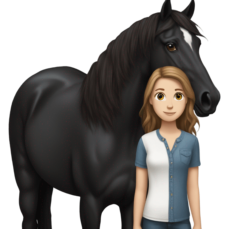 White girl brown hair standing with black horse emoji