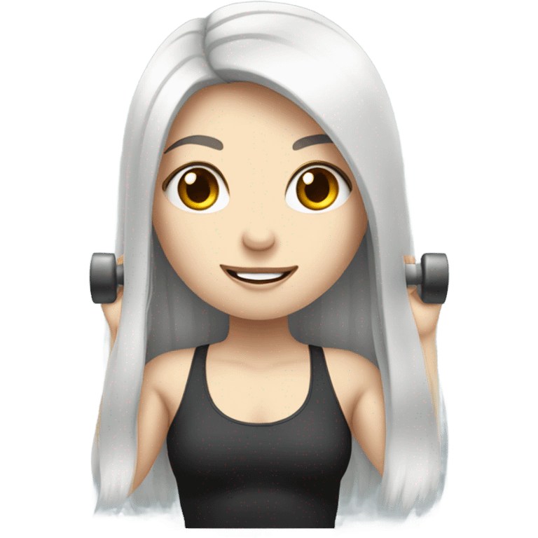 Pale girl with long black hair lifting weights emoji