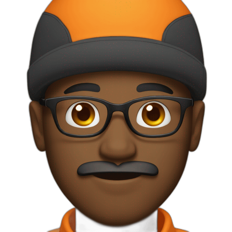 Young black man with a mustache and a goatee wearing glasses and an orange hat  emoji