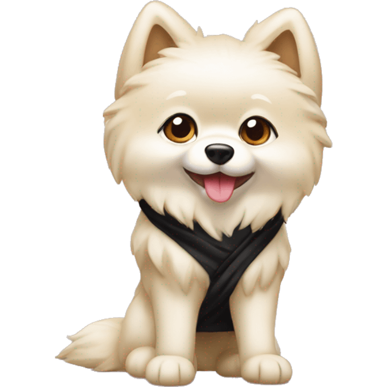 Cream color Spitz stands on its hind legs in heels and in a black robe  emoji