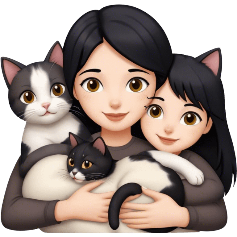 happy girl with black hair hugging three cats  (black calico cat, gray cat, brown calico cat) emoji