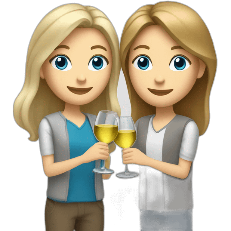 A white woman, she has brown eyes and blond medium long hair. A white man, he has blue eyes and grey hair. They toast to each other with a glass of white wine. emoji