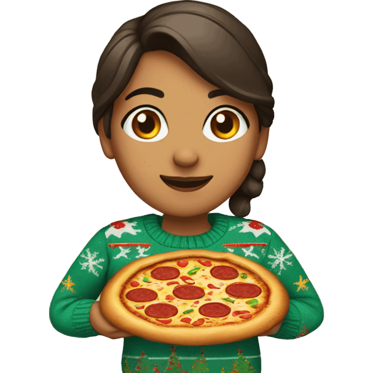 Latina wearing an ugly Christmas sweater and holding a pizza emoji