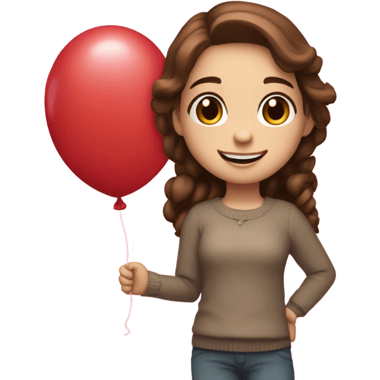 White skinned girl with brown hair and brown eyes holding a balloon that reads “Happy Valentine’s Day!” emoji