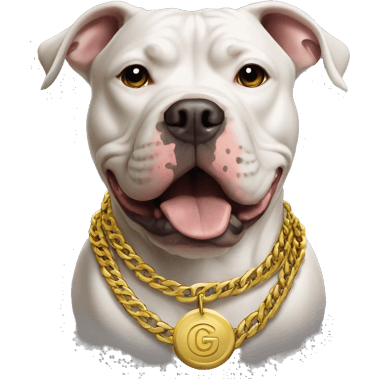 A dog pitbull with a aggressive face and wearing big gold chain on that says G emoji