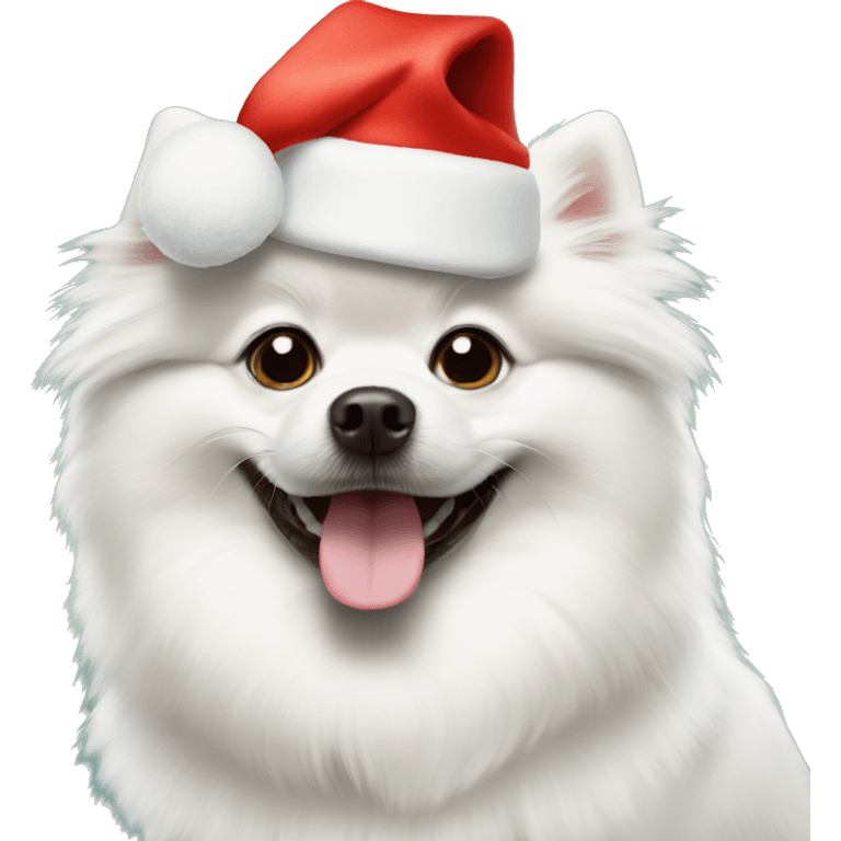 White dog Pomeranian spitzh wearing Christmas hat emoji