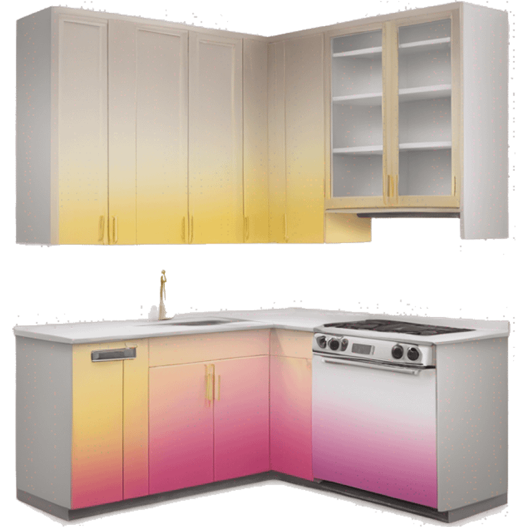 Realistic front facing pink And yellow ombre hanging kitchen cabinets and gold hardware.  emoji