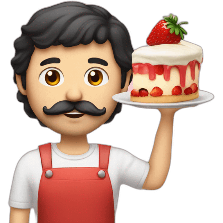 a guy whith black hair white skin a growing beard and a moustache eating a flan patissier whithout strawberry emoji