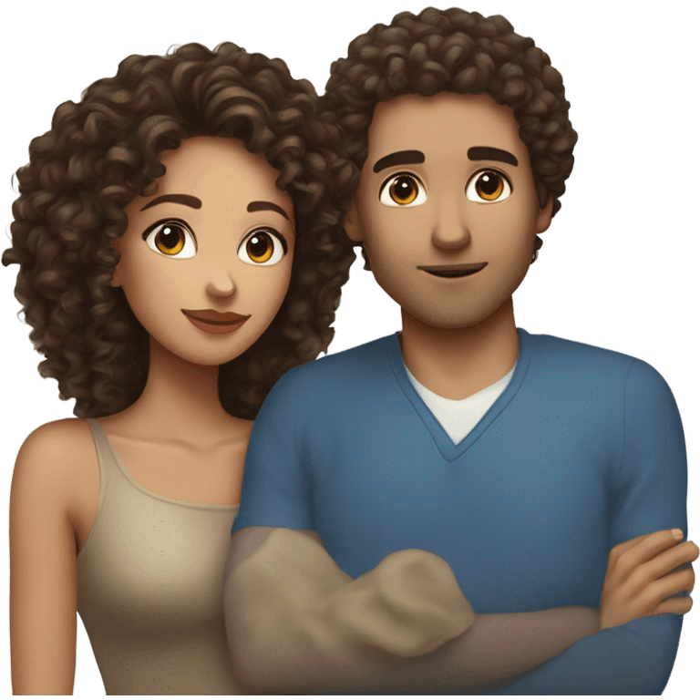 Light skinned woman with curly hair and white man with blue eyes and dark brown hair kissing  emoji