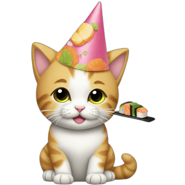 kitten eating sushi with a party hat on emoji