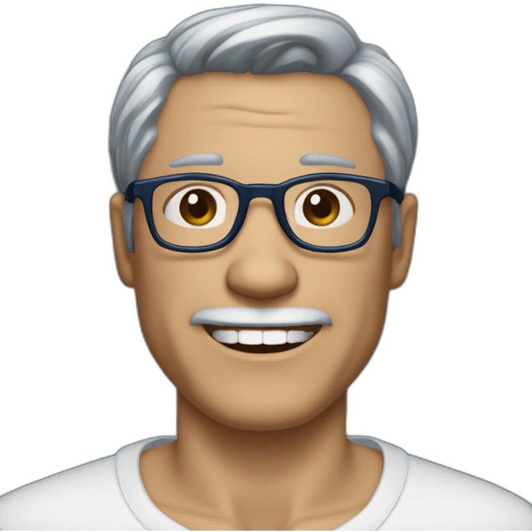 50 year old man, hair parted to the right with thin dark blue black glasses, his ears are slightly protruding and his smile is missing a tooth between the canine and the palette. emoji