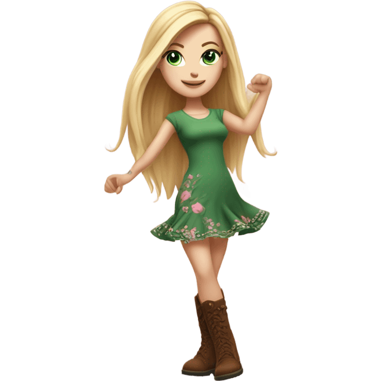 Realistic White girl with Long straight blonde hair, green eyes, tattoos, full body wearing pink dress and Brown knee-high boots, dancing emoji