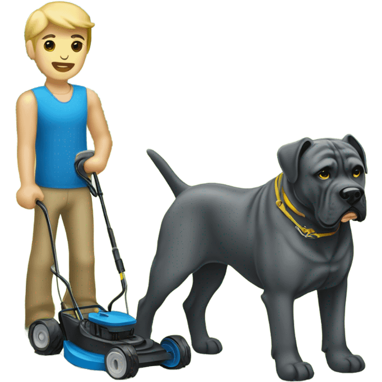 A Gold and Blue Cane Corso mowing the lawn. emoji