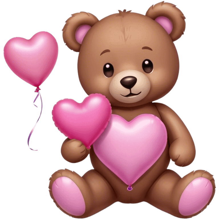 Adorable Plush brown teddy bear holding an inflatable metallic pink heart-shaped balloon in his paw and love letter of the color pink emoji