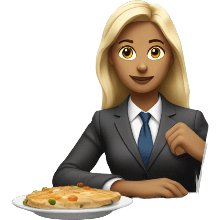 Busy blonde corporate girl having diner with her laptop emoji