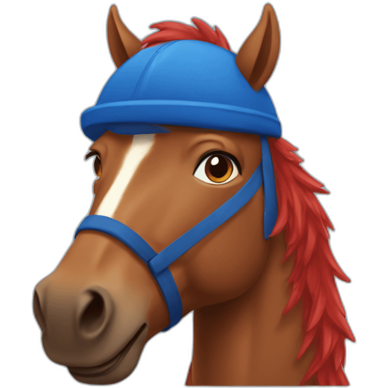 brown horse with red hair wearing blue hockey jersey emoji