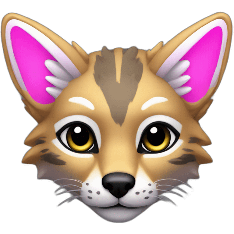 Coyote ocelot with grey and black fur and phoenix wings and pink ears, neon lights emoji