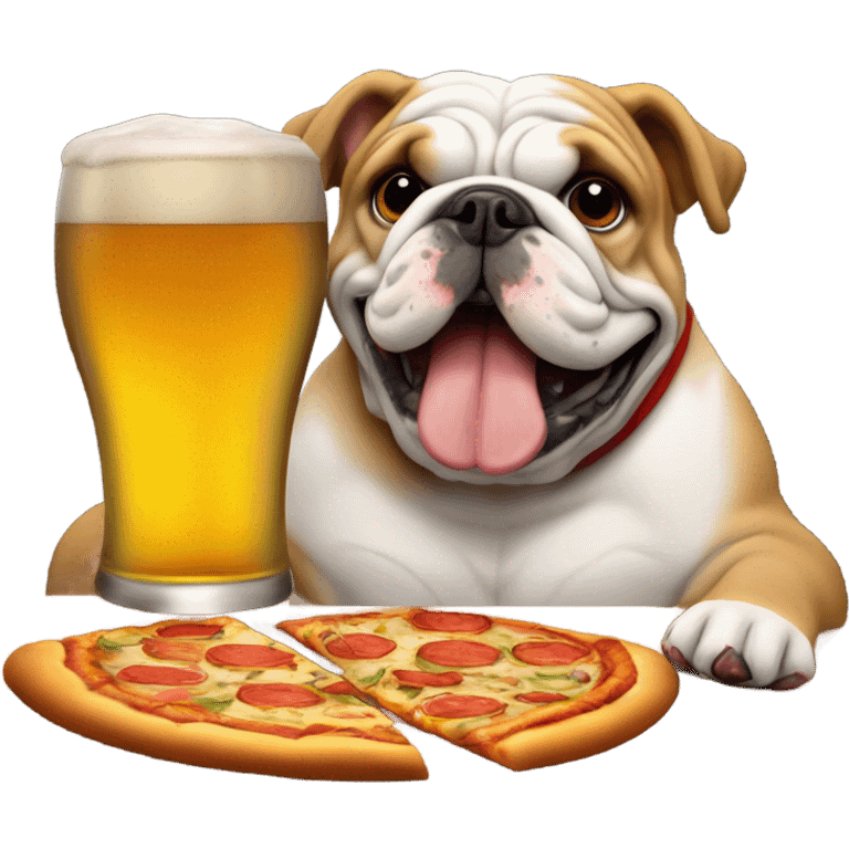 English bulldog eating pizza and drinking beer emoji