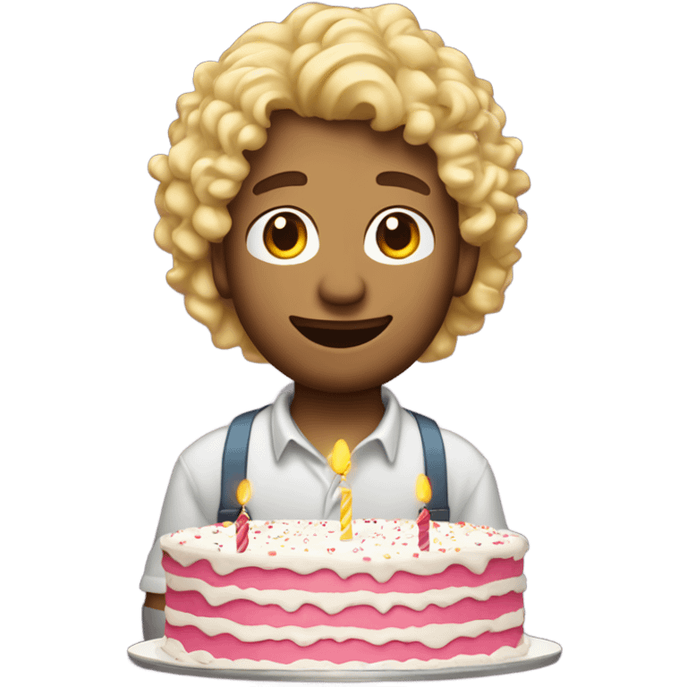  Blonde curly mullet white man standing over a birthday cake emoji