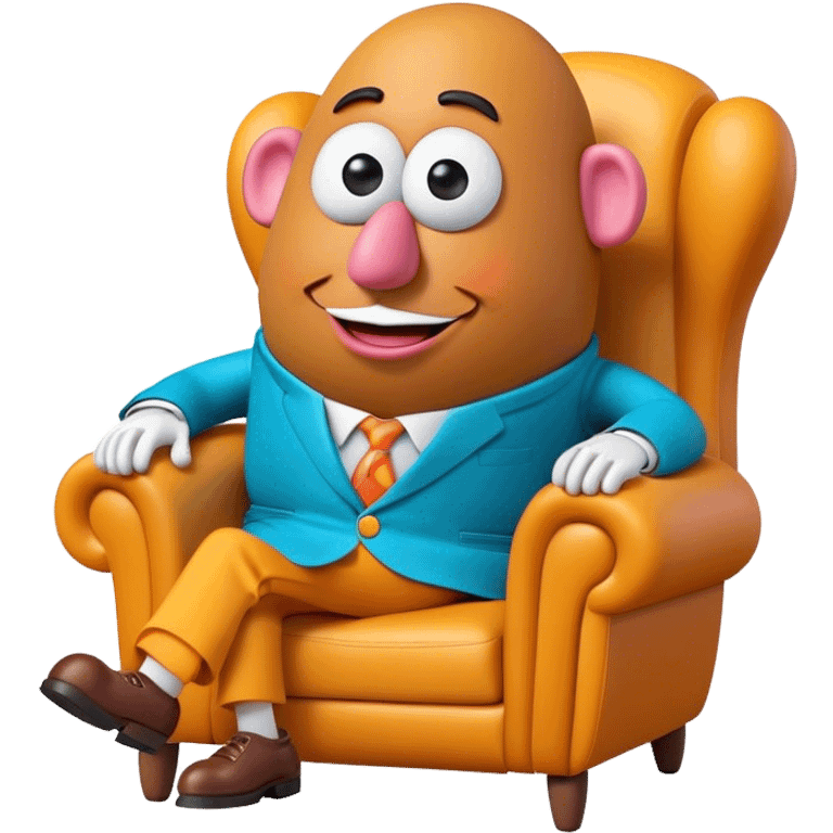 Create a 3D Pixar-style Mr. Potato Head character with a rounded, slightly uneven shape, expressive eyes, a wide smile, and cartoonish limbs, dressed in a colorful suit sitting in a chair emoji