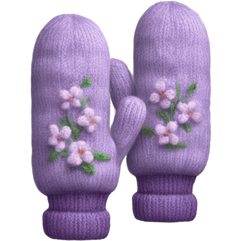 A pair of cozy knitted mittens with a lilac design emoji