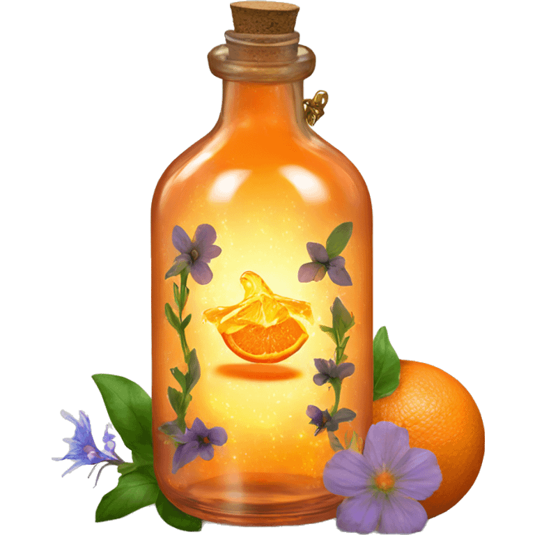 Orange magic fairy light sparkling old Antique bottle with poison and with herbal and flowers emoji