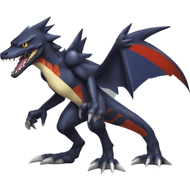 Black, Cool, Edgy, Garchomp-Nargacuga-Sergal Fakémon-Digimon with sharp edgy striking detailed stripe-markings,  full body emoji