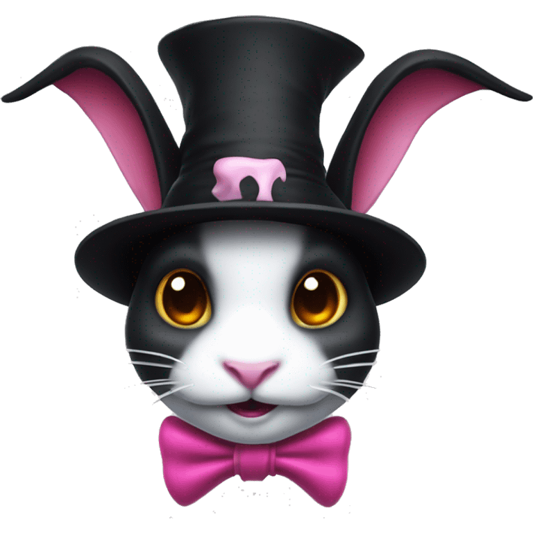 white rabbit with a black devil's tail, wearing a black jester's hat that features a pink skull clip at the center of her forehead emoji