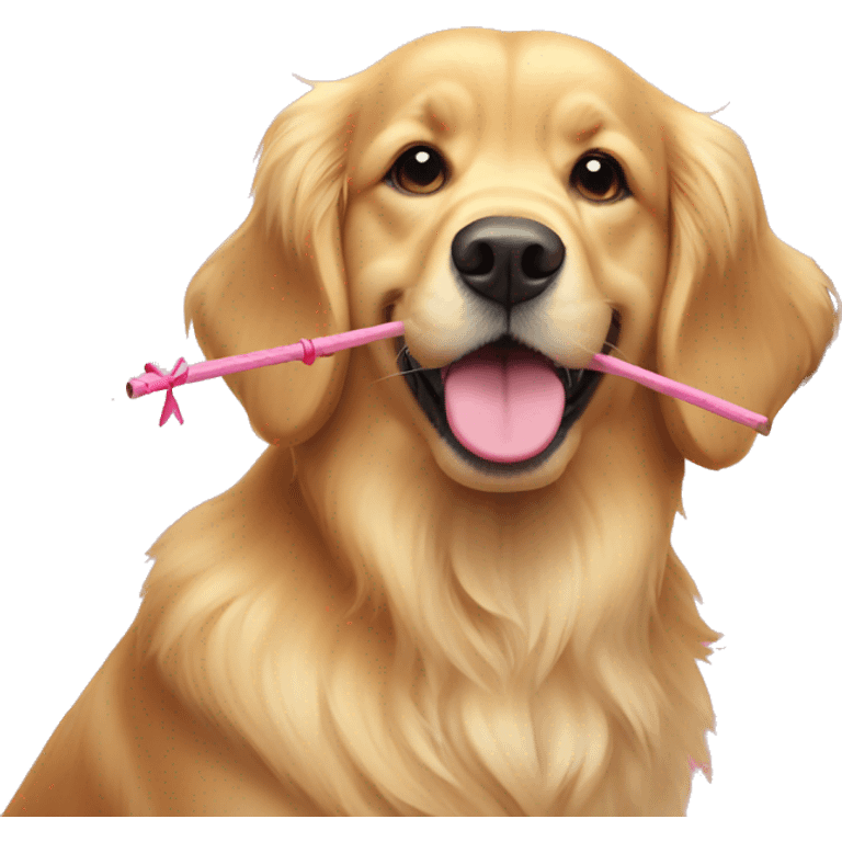 a golden retriever with a pink bow on the right and a stick in his teeth emoji