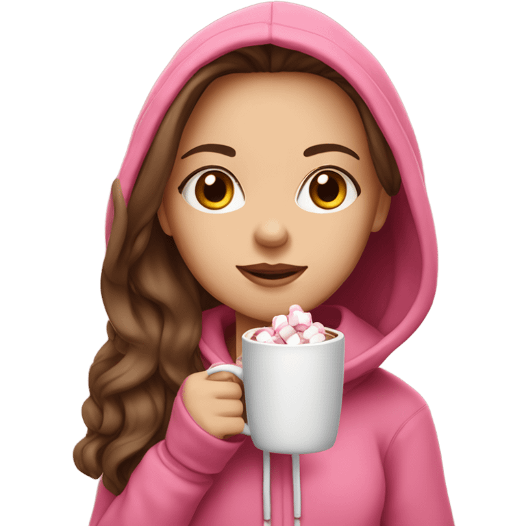 White girl with long brown hair drinking a hot chocolate with marshmallows and wearing a pink hoodie with a hood on emoji