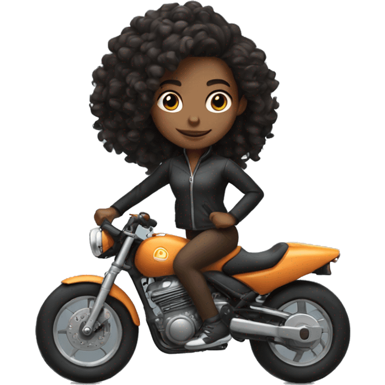 A brown skin girl with shoulder length curly black hair riding a black sports bike  emoji