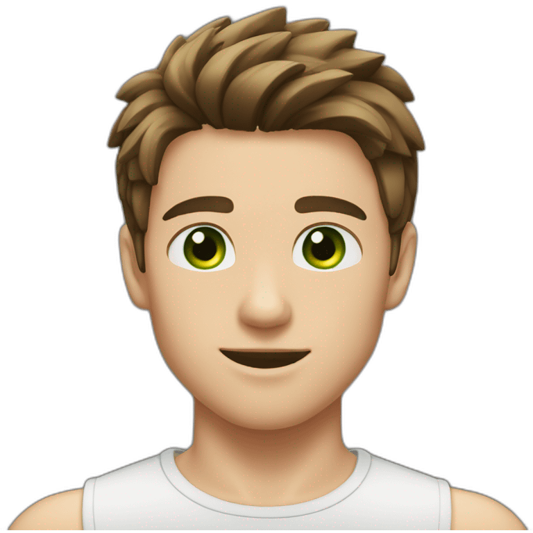 Boy, brown hair, green eyes, pretty nose, muscular body, pretty emoji