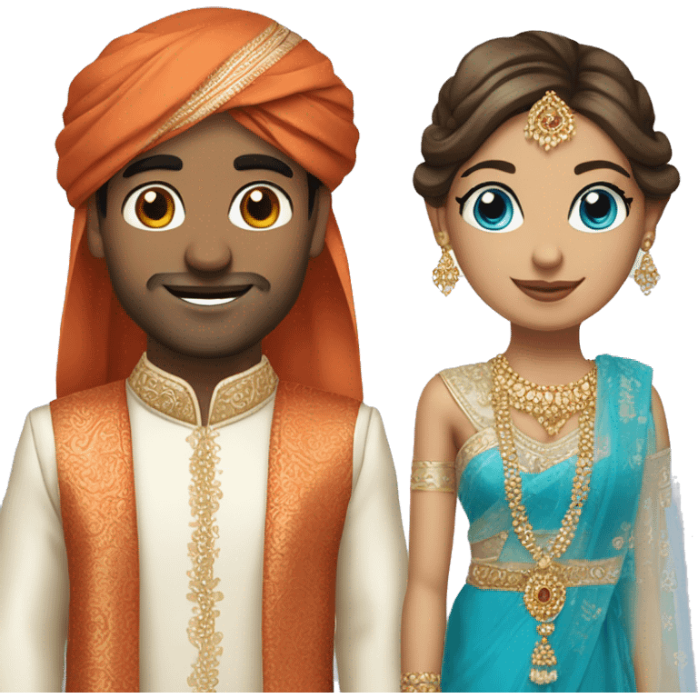 Indian groom and white skin and blue eyes bride with same outfit emoji