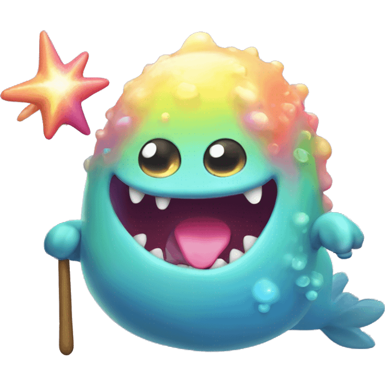 Kawaii derpy fat rainbow sea monster with magic wand  emoji