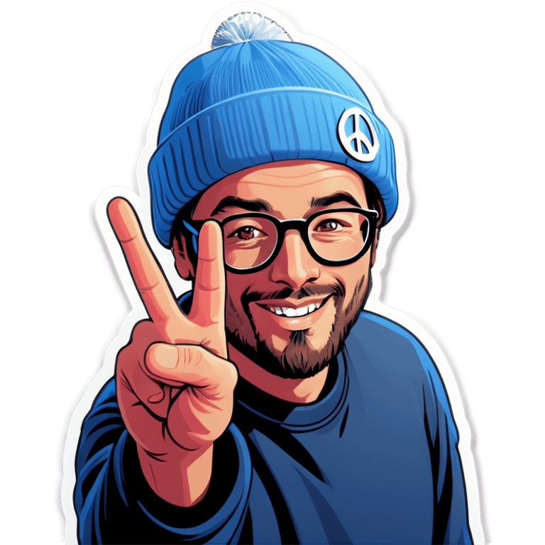 Man with glasses and beanie making peace sign emoji