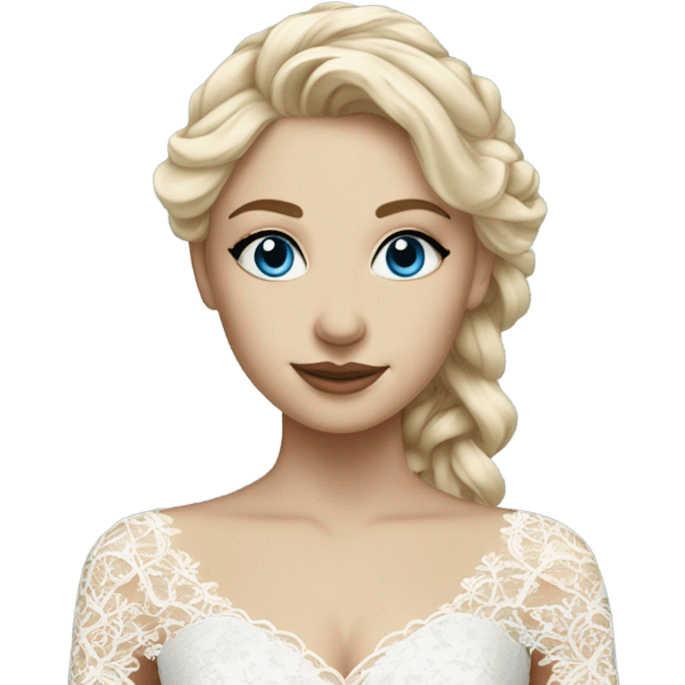 Beautiful blond girl with blue eyes and long lace wedding dress emoji