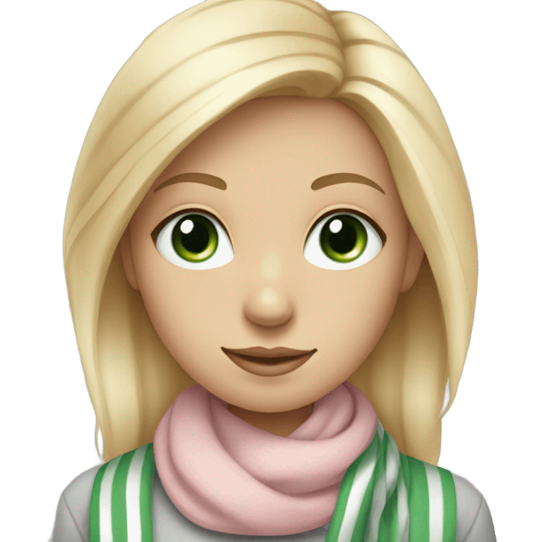 Blonde girl with blue eyes and eyelashes no lipstick in a light pink shirt with gray and green thick stripe scarf blue eyes emoji