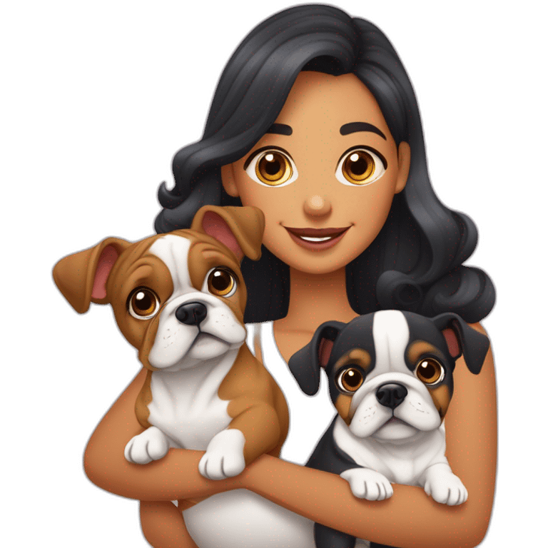 família de um bulldog francés e um pinscher um pai careca uma mae com cabelo ondulado uma menina com cracois uma bebe com caracóis e um menino com cabelo curto ondulado emoji