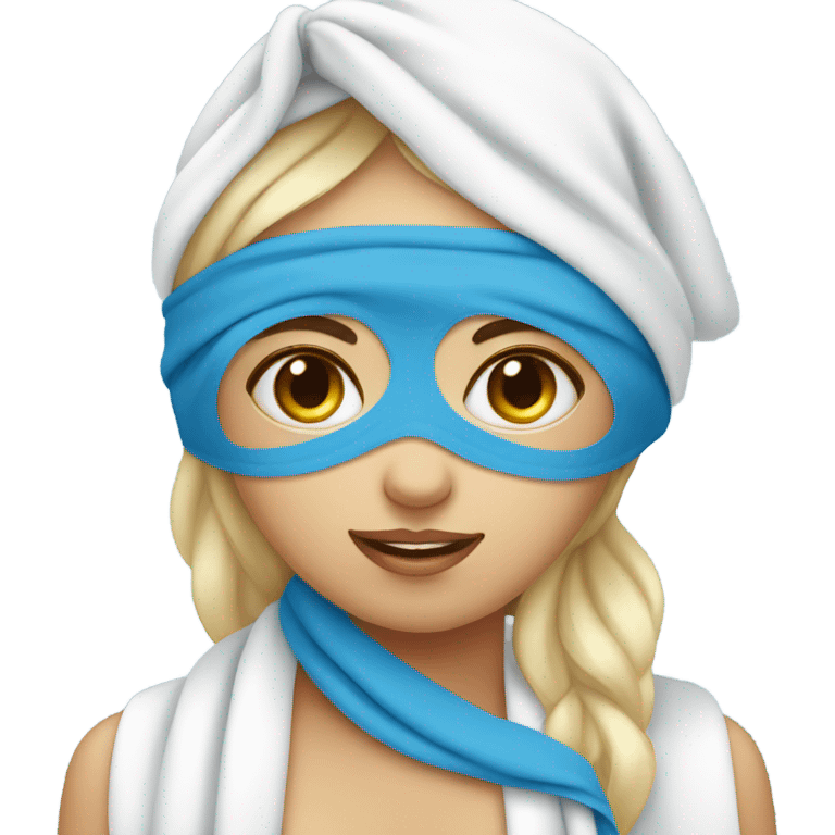 Girl wearing towel and blue eye masks in face emoji