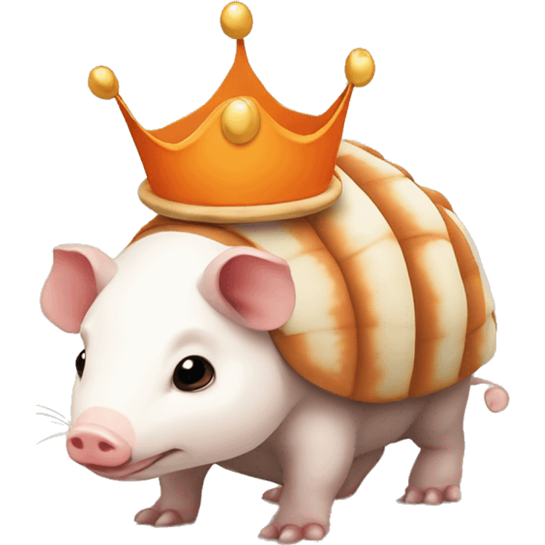 Orange and white piebald chubby round armadillo pig panda centipede armadillo wearing a crown emoji