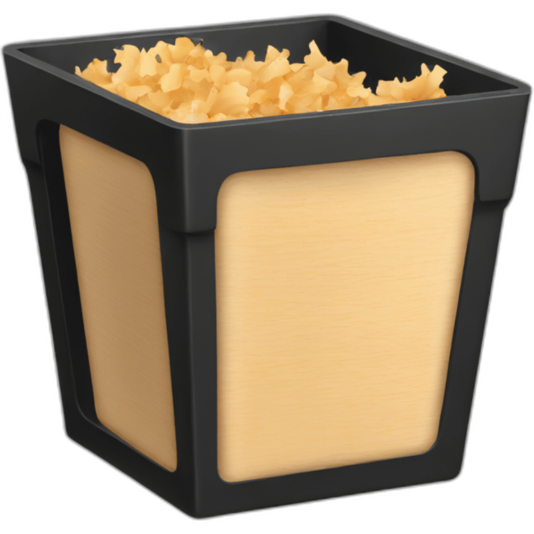 Black cubic plastic container with wood shavings inside emoji