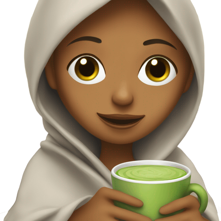 girl inside a blanket sipping coffee, cucumber slices on eyes emoji