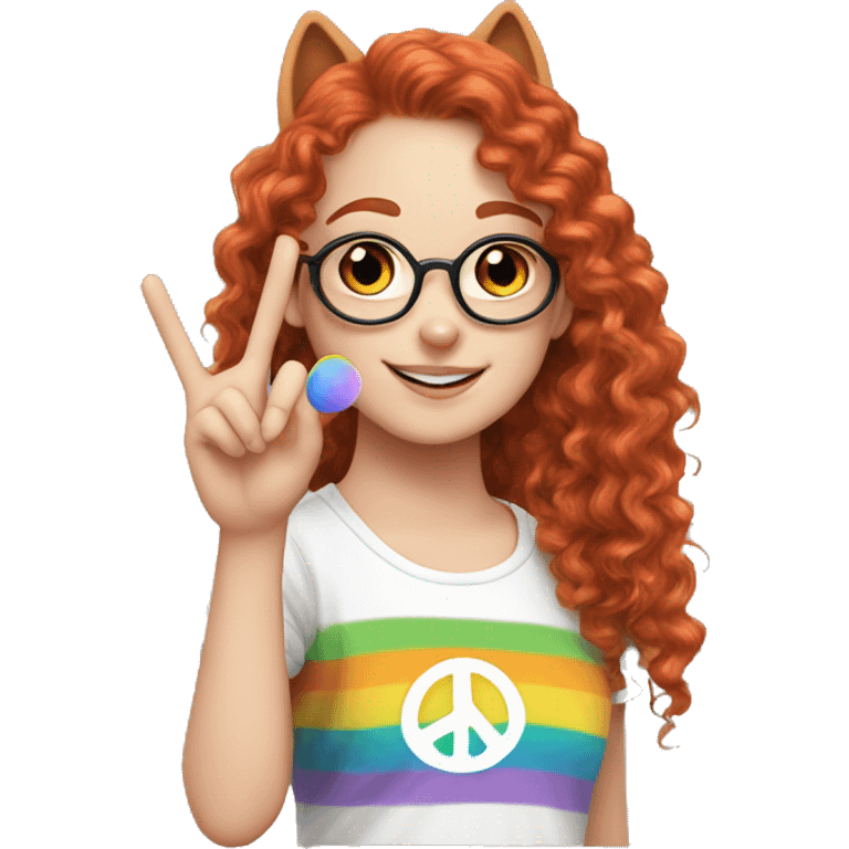 a white girl with long red curly hair in a pony tail with rainbow shirt does peace sign wearing cat ears one black other white emoji