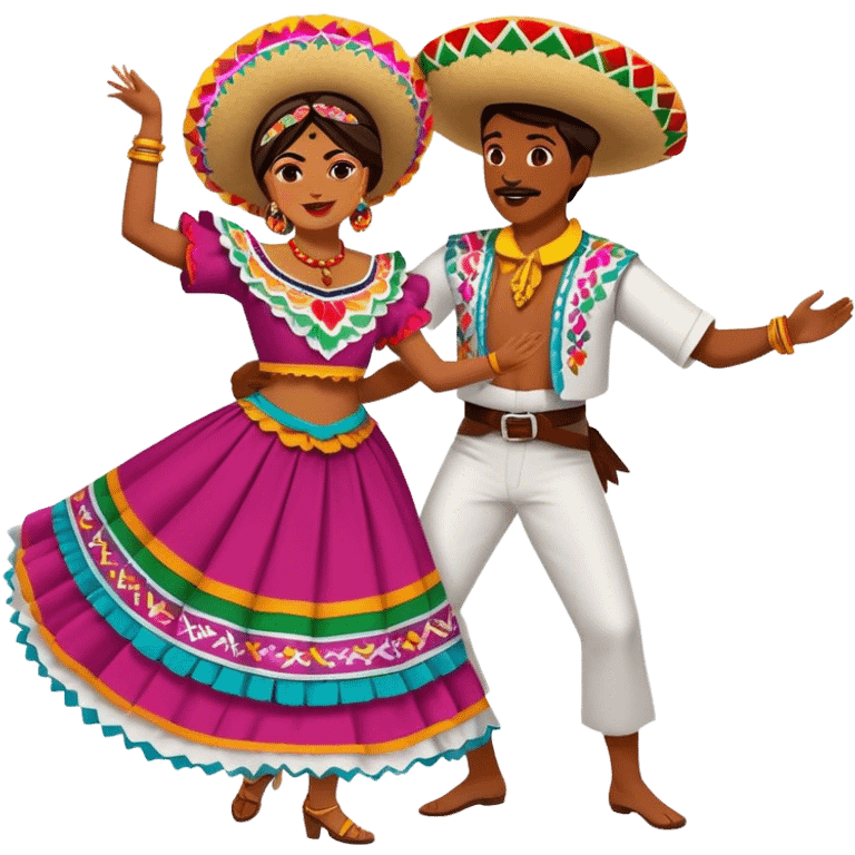 Cinematic Realistic scene of two performers dancing the Jarabe Tapatío, dressed in colorful traditional Mexican costumes with intricate embroidery, captured in energetic, festive motion with vibrant, celebratory lighting emoji