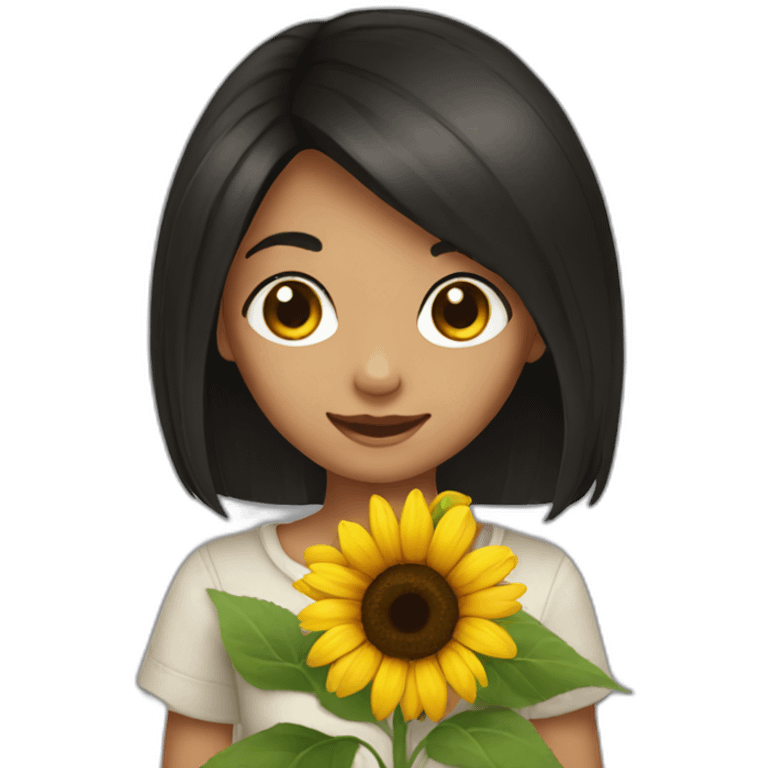 black hair brown eyed girl holding sunflower emoji