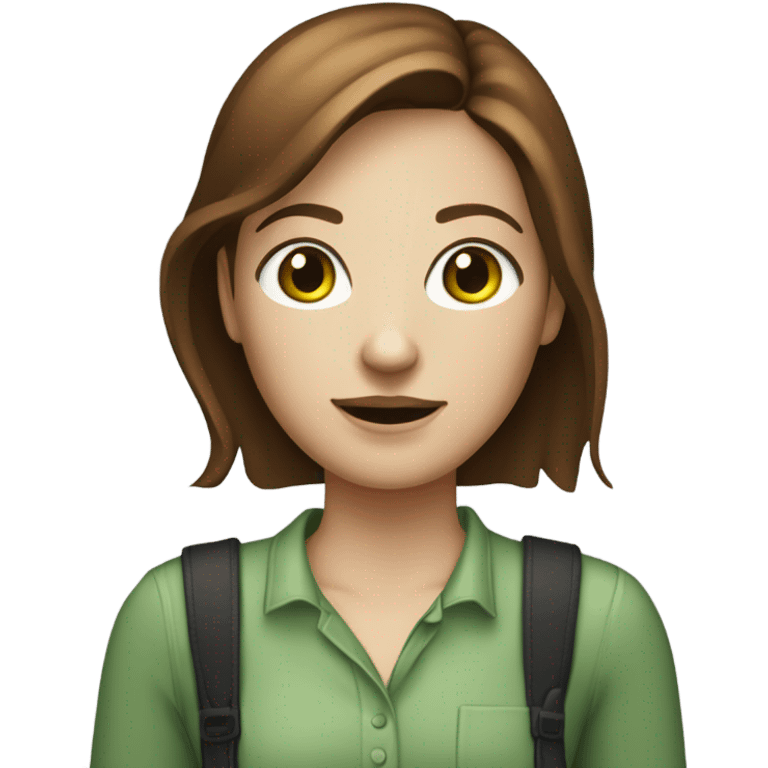 Web designer carrying a pc in her hands. white woman with medium-length brown hair, green eyes and freckles on her nose. emoji