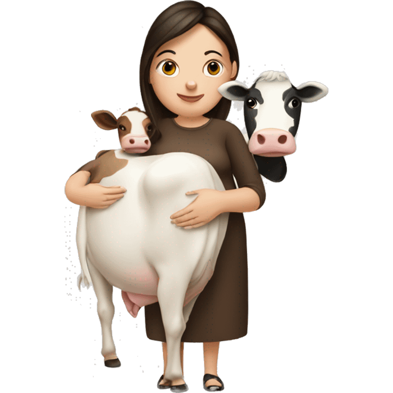 Brunette pregnant woman next to a cow emoji