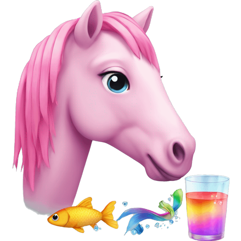 Pink pony drinking a rainbow with a fish emoji