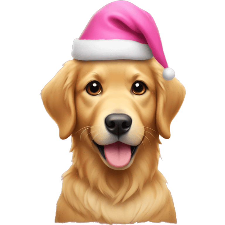 Small golden retriever with pink Christmas hat emoji